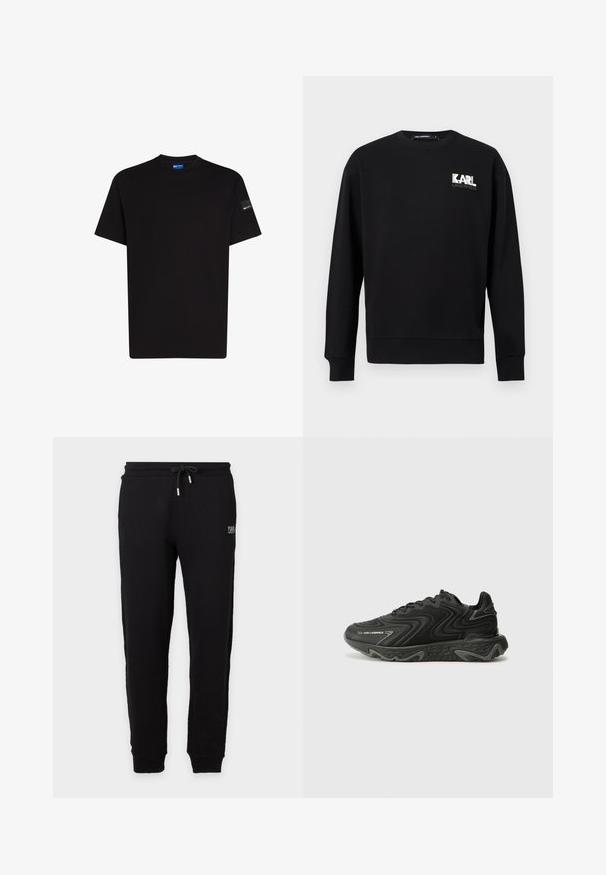 Zwarte lange mouwen trui met ronde hals, met het "KARL LAGERFELD" logo in wit en grijs op de bovenste linkerborst.; Zwarte katoenen t-shirt met korte mouwen, ronde halslijn en een klein labelaccent op de linkermouw. Zachte textuur, normale pasvorm.; Zwarte joggerbroek met elastische boorden, een trekkoord in de taille en een klein wit logo op het bovenbeen.; Zwarte sneakers met een golvende textuur en grijze accenten. Voorzien van een vetersluiting en een stevige, sculpturale zool. Branding is zichtbaar aan de zijkant.