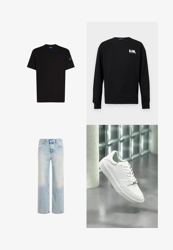 Sort langærmet sweatshirt med rund hals, med "KARL LAGERFELD" logo i hvid og grå på øverste venstre bryst.; Sort bomulds t-shirt med korte ærmer, rund halsudskæring og en lille mærke detalje på venstre ærme. Glat tekstur, standard pasform.; Lyseblå jeans med lige ben, falmet vask, lukkes med knap og lynlås foran samt design med fem lommer.; Hvid sneakers i læder med rundet snude, snørelukning foran og flad gummisål. Har perforerede detaljer og subtilt logoaccent.