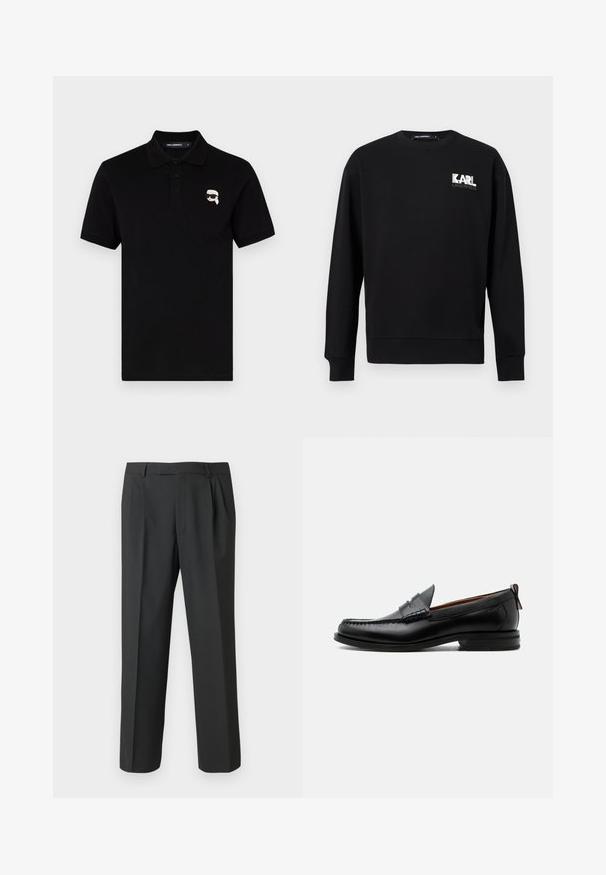 Sweat-shirt noir à manches longues avec col rond, arborant le logo "KARL LAGERFELD" en blanc et gris sur le côté gauche de la poitrine.; Polo shirt noir en coton avec un col, trois boutons et un petit logo blanc sur la poitrine gauche. Manches courtes et coupe droite.; Pantalon noir en tissu lisse, avec une coupe droite, un devant plissé et une taille standard avec passants pour ceinture.; Mocassin homme en cuir noir avec couture moc toe, bride penny, col texturé et petit talon empilé sur fond blanc.