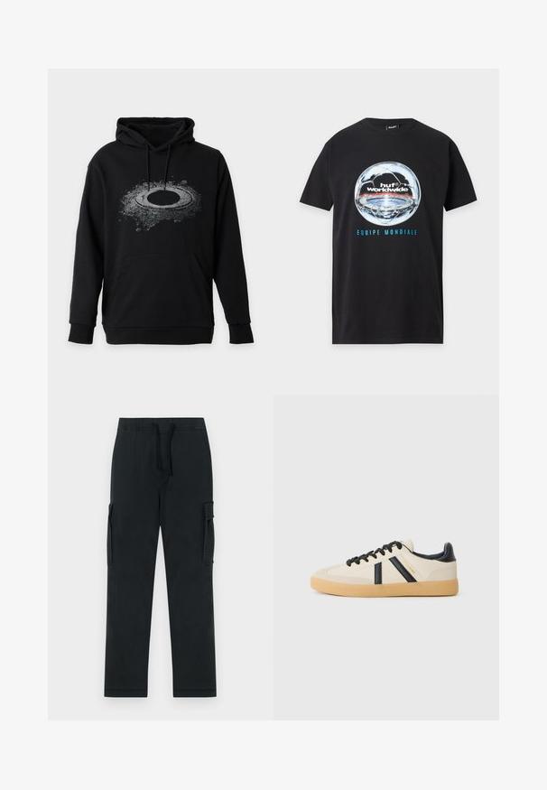 Sudadera negra con capucha con un logo circular con un efecto texturizado, parecido a polvo, en el pecho y un bolsillo frontal tipo canguro.; Camiseta negra de manga corta con un gran gráfico reflectante de balón de fútbol, texto "huf worldwide" y "EQUIPE MONDIALE" en azul debajo del balón.; Pantalones cargo negros con cintura elástica, cordón ajustable y bolsillos laterales. Fabricados con una tela suave y duradera; diseño de pierna recta.; Zapatillas casuales en crema con rayas negras, con parte superior texturizada y suela de goma. Los cordones son negros. Logo sutil en el costado.