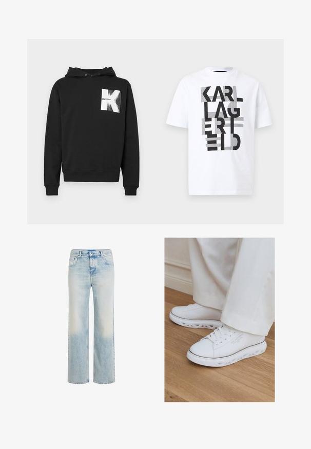Sudadera negra de mezcla de algodón, con un bolsillo frontal, puños acanalados y un gráfico blanco en la parte izquierda del pecho.; Camiseta blanca de manga corta con texto negro en negrita "KARL LAGERFELD" dispuesto verticalmente con acentos de rayas horizontales sobre un fondo liso.; Vaqueros de pierna recta en azul claro con lavado desgastado, cierre frontal con botón y cremallera, y diseño de cinco bolsillos.; Zapatillas blancas bajas con suelas recortadas únicas, usadas con pantalones de color claro sobre un suelo de madera.