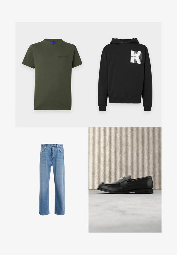 Schwarze Kapuzenjacke aus Baumwollmischung, mit einer Fronttasche, gerippten Bündchen und einem weißen Grafikdesign auf der linken Brustseite.; Olivenfarbene Baumwoll-T-Shirt mit kurzen Ärmeln, Rundhalsausschnitt und einem kleinen, dunkelbedruckten Logo auf der linken Brustseite. Einfaches Design.; Helle blaue Jeans im Geradeschnitt-Design, mit fünf Taschen, Knopfverschluss, minimaler Ausbleichung und kontrastierenden Nähdetails.; Schwarzer Lederloafer mit einer Metallmarkenplatte, der nahe einem braunen runden Tisch auf beigem Teppichboden ruht.