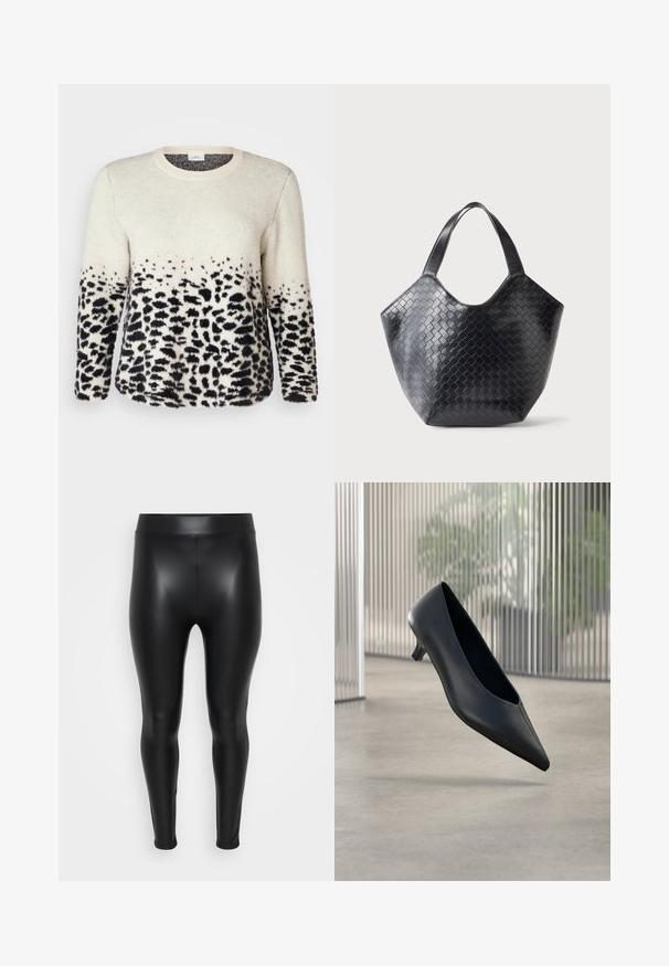 Crème en zwarte dierenprint trui, zachte textuur, ronde hals, lange mouwen, geleidelijke luipaardvlekken aan de onderkant, casual pasvorm.; Zwarte leggings van een glad, glanzend materiaal. Hoge tailleband, strakke pasvorm en geen zichtbare naden of patronen.; Zwarte kitten heel schoen met puntige neus die boven een gladde betonnen vloer zweeft, met verticale doorschijnende panelen op de achtergrond.; Zwarte leren handtas met een geweven patroon, een breed open bovenkant en twee schouderriemen, getoond tegen een effen lichte achtergrond.