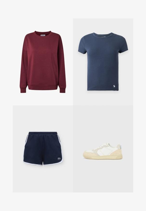 Sweat-shirt à manches longues col rond en bordeaux foncé avec poignets et ourlet côtelés, devant uni et une étiquette en tissu à l’intérieur du col.; T-shirt en coton côtelé bleu marine à manches courtes avec col rond et petit logo élan blanc près de l'ourlet inférieur sur fond uni.; Shorts décontractés bleu marine avec bordure blanche, taille élastique, poches latérales et logo blanc "GAP" en bas à l'avant à droite.; Baskets blanches et beiges avec dessus en suède et textile, présentant des coutures contrastées, une semelle en caoutchouc et un accent bleu clair sur le talon.