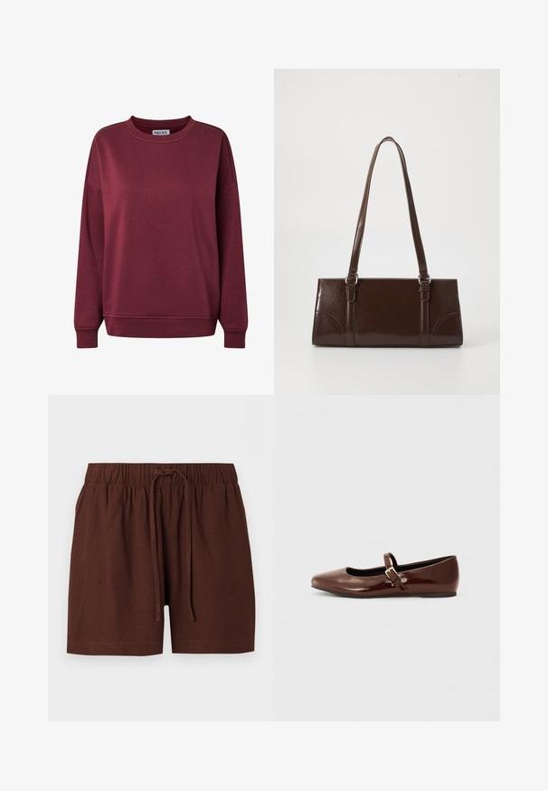 Sweater met lange mouwen en ronde hals in donker bordeauxrode kleur met geribbelde manchetten en zoom, effen voorkant en een stoffen label aan de binnenkant van de kraag.; Bruine shorts met elastische taille en verstelbaar koord, gemaakt van zachte stof, afgebeeld tegen een effen witte achtergrond.; Bruine gepatineerde leren balletschoen met een vierkante neus en een bandje met een kleine gouden gesp. Gladde textuur, lage hak en minimalistisch ontwerp.; Bruine lakleren handtas met een rechthoekige vorm, twee lange handvatten en subtiele gebogen accenten aan de voorkant.