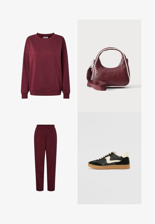 Sweater met lange mouwen en ronde hals in donker bordeauxrode kleur met geribbelde manchetten en zoom, effen voorkant en een stoffen label aan de binnenkant van de kraag.; Bordeaux sweatpants van zacht materiaal, met een elastische tailleband en taps toelopende pijpen. Geen zichtbare patronen of hardware-details.; Zwarte suède en leren sneaker met een crèmekleurige zij-swoosh en lichte crèmekleurige hiel. Voorzien van beige veters en een gumrubberen zool.; Donkerrode geweven leren handtas met gebogen handvat, witte bies, zilveren rits en afneembare brede stoffen schouderriem tegen een effen achtergrond.