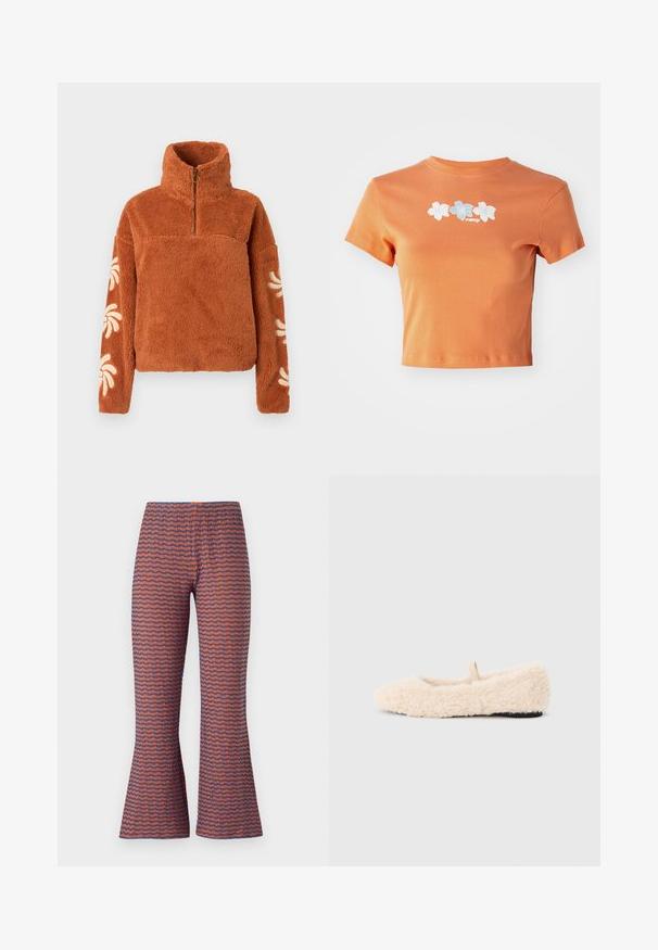 Brauner Fleece-Pullover mit hohem Kragen, Viertelreißverschluss und cremefarbenen Blumenmustern an den Ärmeln. Weiche Textur, lockere Passform.; Kurzes oranges T-Shirt aus Baumwolle mit kurzen Ärmeln, verziert mit weißen und hellblauen gestickten Blumen auf der Vorderseite.; Musterhosen mit weitem Schnitt und Wellenmuster in Orange und Blau, aus texturiertem Stoff mit elastischem Bund für hohen Tragekomfort.; Fluffige, cremefarbene Hausschuhe mit weicher Textur, abgerundeter Zehenpartie, minimalistischem Design und einer kleinen Stoffschlaufe an der Rückseite für ein einfaches Anziehen.