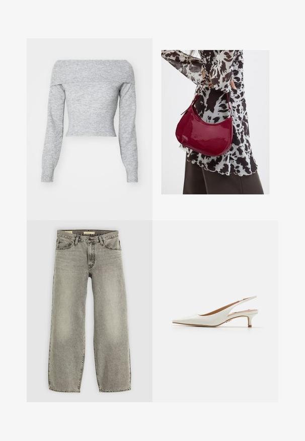 Weekday LOLO OFF SHOULDER - Πουλόβερ - grey melange; Ανοιχτό γκρι, τζιν παντελόνι σε φαρδιά γραμμή, κατασκευασμένο από τζιν. Διαθέτει παραδοσιακό στυλ πέντε τσεπών και ελαφριά φθορά σε όλη την επιφάνεια του υφάσματος.; Steve Madden KARI - Κλασικές γόβες - white; Γυναίκα που φοράει μια μπλούζα με μαύρο-άσπρο μοτίβο κρατάει μια γυαλιστερή κόκκινη τσάντα ώμου σε απλό φόντο.