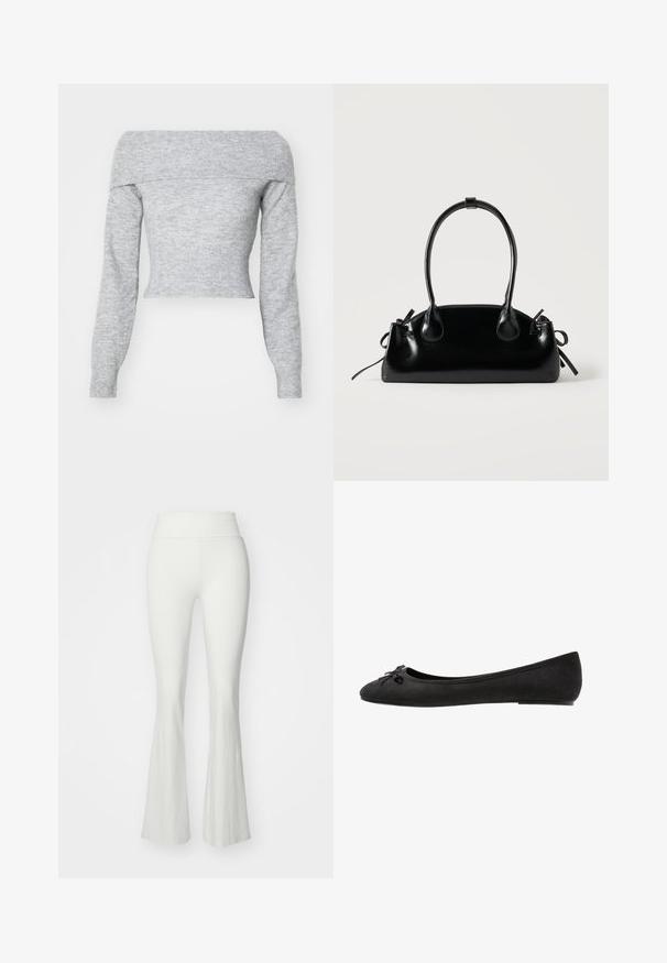 Weekday LOLO OFF SHOULDER - Striktrøje - grey melange; Hvide vide bukser med høj talje, lavet af et glat, strækbart materiale. Har en tætsiddende silhuet, der flares ud ved underbenet.; Sorte ruskind ballet flats med rund tå, prydet med en dekorativ sløjfe på forsiden og flad sål. Glat tekstur og klassisk form.; Lille sort blank håndtaske med to lange håndtag og snøre-detaljer i siden på en ensfarvet lys baggrund.