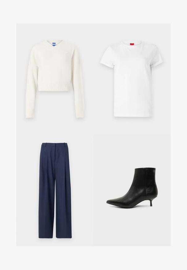 Hvid, cropped sweater lavet af blødt strikket materiale. Har V-hals, ribbet kant og et lille hjerteemblem på venstre bryst.; Hvid kortærmet t-shirt lavet af letvægts bomuld. Har en rund halsudskæring og rullede ærmer. Rød logoetiket på kraven.; Marineblå, vide bukser lavet af struktureret stof, med en plisseret front og et struktureret taljeområde med bæltestropper.; Sort læder ankelstøvle med spids tå og lav kitten hæl på lys baggrund, der viser yderside.
