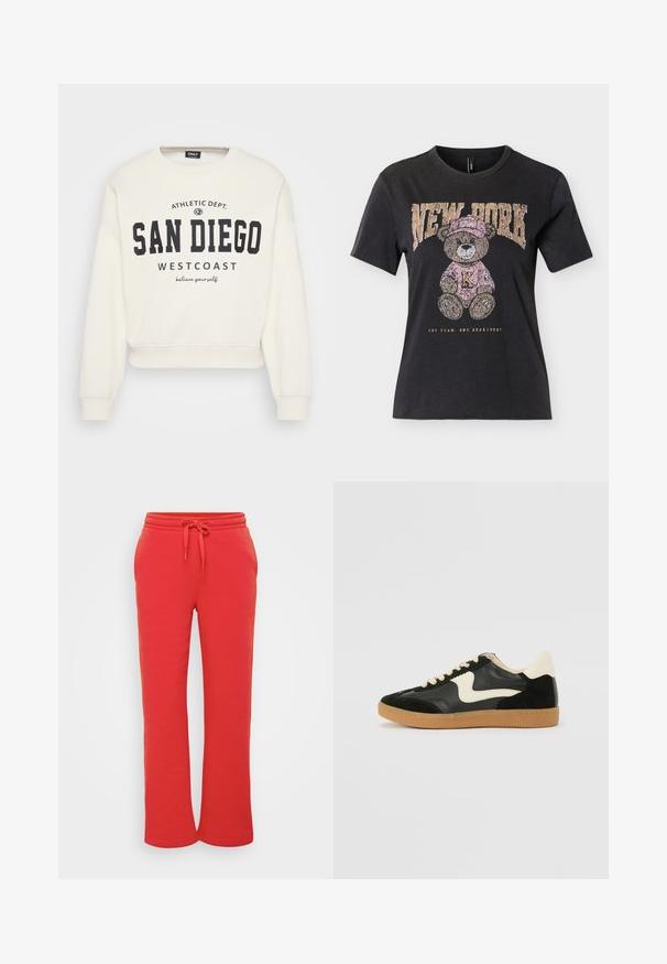 Weißes, kurz geschnittenes Sweatshirt aus weichem Stoff mit schwarzem Grafikdruck und den Texten "SAN DIEGO" und "WESTCOAST". Mit gerippten Bündchen ausgestattet.; Schwarzes kurzärmeliges T-Shirt mit einem Teddybär, der einen rosa Hut und Pullover trägt, mit dem Schriftzug "NEW YORK" darüber und "ONE TEAM. ONE HEARTBEAT." darunter.; Rote Sweatpants aus weichem Baumwollmaterial, mit einem elastischen Bund und Kordelzug sowie einem geraden Bein Schnitt. Geschmeidige Textur.; Schwarze Wildleder- und Leder-Sneaker mit einem cremefarbenen Seiten-Swoosh und einer hellcremefarbenen Ferse. Ausgestattet mit beige Schnürsenkeln und einer Gummilaufsohle.
