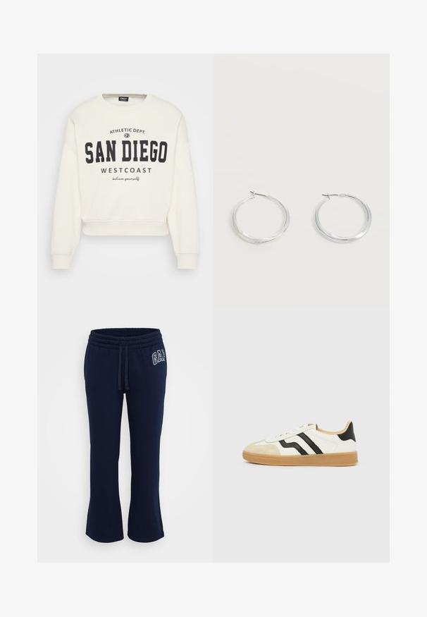 Valge lühendatud dressipluus, valmistatud pehmest kangast, millel on must graafiline trükis tekstidega "SAN DIEGO" ja "WESTCOAST". Varustatud soonikkoes mansettidega.; GAP Petite HERITAGE - Dresside alumine osa - navy; Valge tennisejalanõu beeži varbakattega, mustade külgtriipude, helepruuni tallaga ja madala lõikega.; Hõbedased metallist rõngakujulised kõrvarõngad, millel on sile, kergelt kaarduv pind ja lukustuvad tagused kinnitused, valgel taustal.