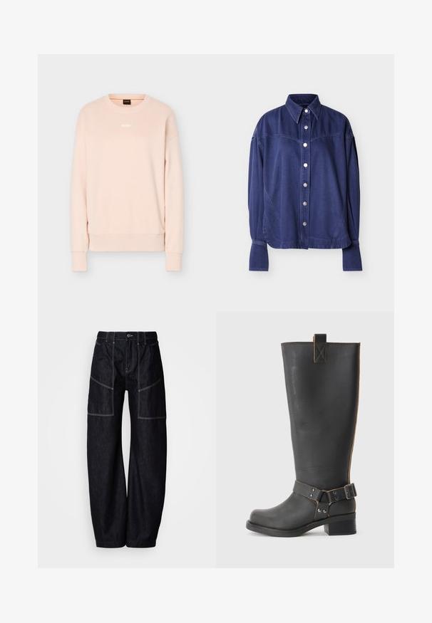 Hellrosa langärmeliges Sweatshirt mit rundem Halsausschnitt, gerippten Bündchen und Saum, mit kleinem weißem BOSS-Logo mittig auf der Brust.; Blaues Denimhemd mit durchgehender Knopfleiste, Kragen und dezenten Schulternähten. Der Stoff hat eine glatte Textur und ein lässiges Design.; Dunkelblaue, weit geschnittene Denim-Hosen mit mehreren Vorder Taschen, kontrastierenden Nähten und einem Knopfverschluss an der Taille. Glatte Textur und lässiges Design.; Schwarze Leder-Stiefel bis zum Knie mit strukturiertem Finish, seitlichem Schnallenakzent und niedrigem Absatz. Detaillierte Steppnähte entlang der Nähte.