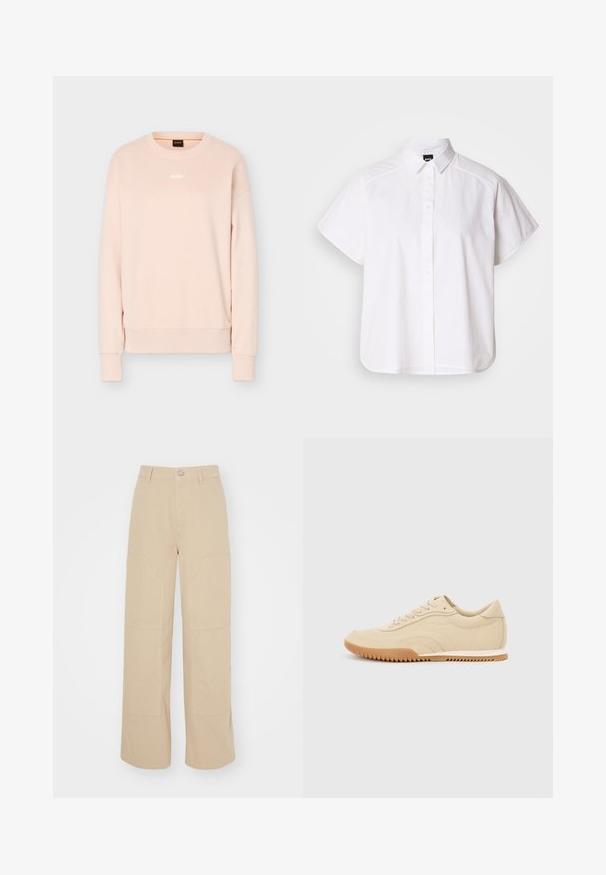 Sweat-shirt à manches longues rose clair avec col rond, poignets et ourlet en côte, arborant un petit logo BOSS blanc centré sur la poitrine.; Chemise blanche à manches courtes, à boutons, avec un col pointu et un ourlet arrondi. Fabriquée en coton, elle possède une texture lisse et sans motifs visibles.; Pantalons larges beiges en coton. Présente deux grandes poches avant et une fermeture à bouton en métal à la taille. Texture lisse.; Baskets en cuir beige avec une silhouette basse, des surfaces texturées et une semelle en caoutchouc gomme présentant un motif en zigzag pour une meilleure adhérence.