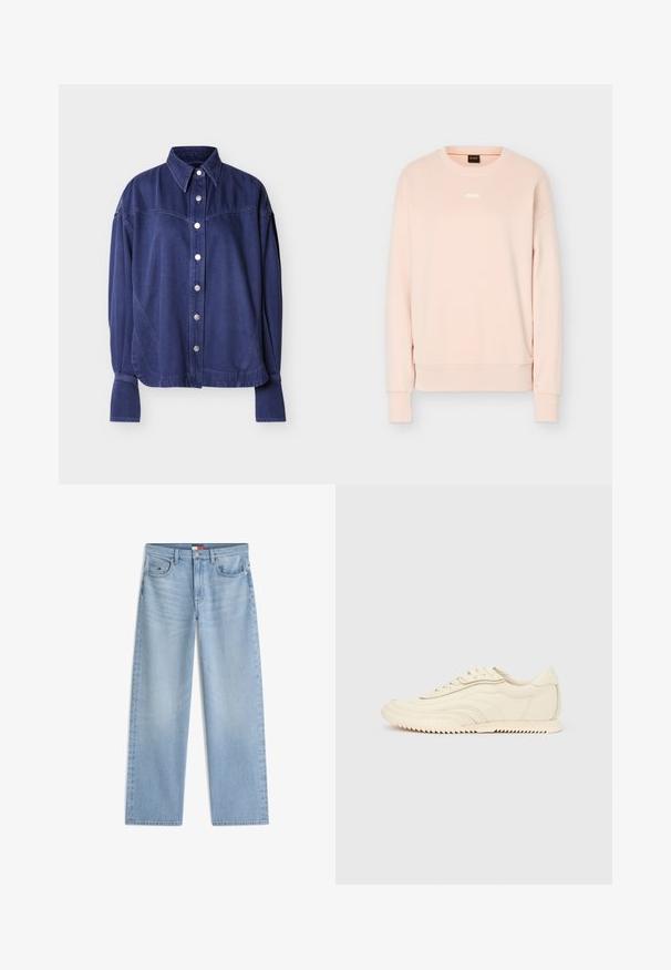Sweat-shirt à manches longues rose clair avec col rond, poignets et ourlet en côte, arborant un petit logo BOSS blanc centré sur la poitrine.; Chemise en denim bleu avec boutonnière à l'avant, col à revers et coutures d'épaule discrètes. Le tissu présente une texture lisse avec un design décontracté.; Jean en denim bleu clair à jambes droites avec poches avant, passants de ceinture et fermeture par bouton et fermeture éclair.; Baskets basses de couleur crème avec des coutures ondulées, une fermeture à lacets et une semelle crantée, vues de côté sur un fond uni.