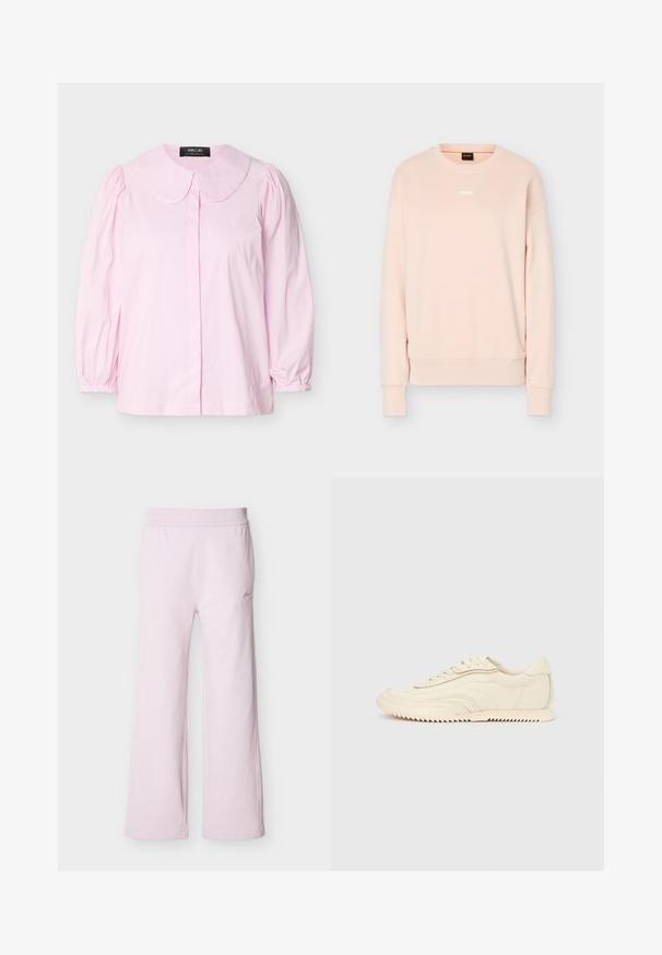 Sweat-shirt à manches longues rose clair avec col rond, poignets et ourlet en côte, arborant un petit logo BOSS blanc centré sur la poitrine.; Blouse rose clair à manches longues avec col arrondi, épaules froncées, poignets élastiques et fermeture boutonnée cachée à l'avant, présentée sur un fond blanc.; Pantalon de jogging ample rose clair avec taille élastique et petit logo brodé sur la partie supérieure de la cuisse gauche.; Baskets basses de couleur crème avec des coutures ondulées, une fermeture à lacets et une semelle crantée, vues de côté sur un fond uni.