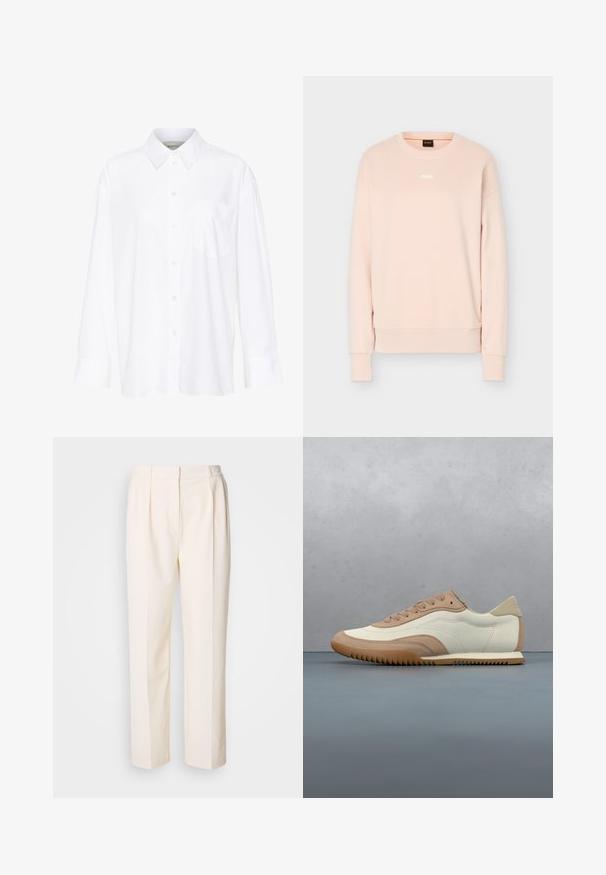 Hellrosa langärmeliges Sweatshirt mit rundem Halsausschnitt, gerippten Bündchen und Saum, mit kleinem weißem BOSS-Logo mittig auf der Brust.; Weißes Langarmhemd mit Kragen aus Baumwolle. Verfügt über eine durchgehende Knopfleiste und eine Brusttasche. Glatte Textur, lockere Passform.; Lacoste Stoffhose - lapland; Beige-weißer Sneaker mit einer strukturierten Oberseite, Schnürsenkeln und einer Gummisohle, präsentiert über einer Holzfläche mit Kieselsteinen.