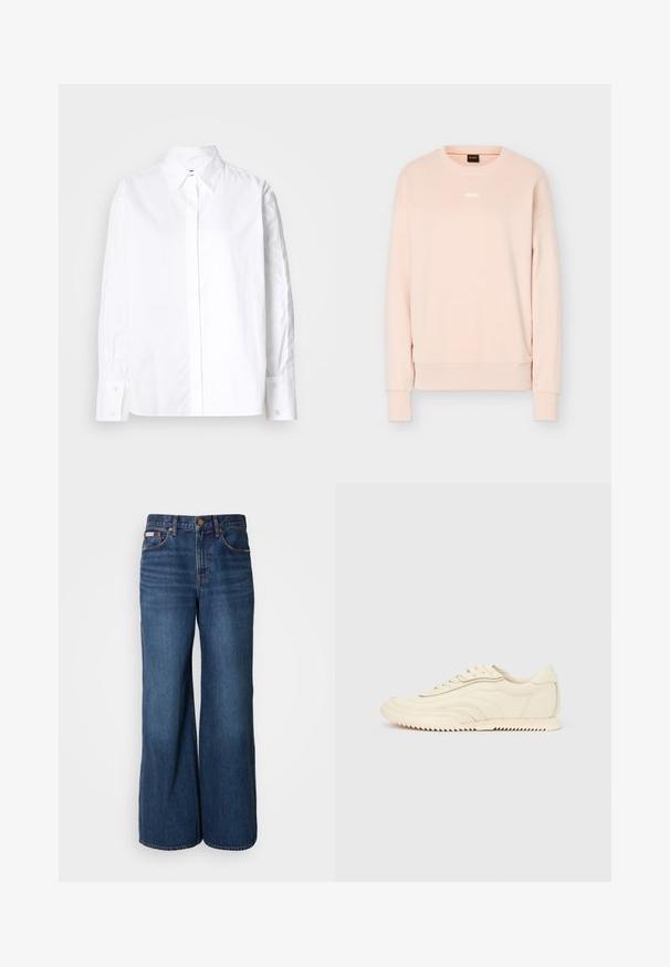 Sudadera de manga larga color rosa claro con cuello redondo, puños y dobladillo acanalados, con un pequeño logo blanco de BOSS centrado en el pecho.; Camisa blanca de botón con cuello clásico, mangas largas y puños abotonados. Fabricada con una tela suave, presenta una tapeta en el centro delantero.; Vaqueros de pierna ancha hechos de denim azul oscuro. Incluyen una cintura alta, cinco bolsillos y costuras en contraste de color naranja a lo largo de las costuras.; Zapatilla de perfil bajo color crema con costuras onduladas, cierre de cordones y suela acanalada, mostrada de lado sobre un fondo liso.