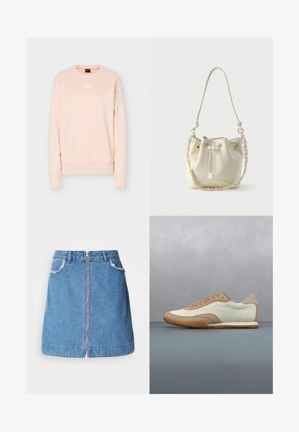 Hellrosa langärmeliges Sweatshirt mit rundem Halsausschnitt, gerippten Bündchen und Saum, mit kleinem weißem BOSS-Logo mittig auf der Brust.; Hellblauer Denim-Rock mit einem Frontreißverschluss, ausgefransten Taschenrändern und einem geraden Schnitt. Der Saum ist leicht geschwungen.; Beige-weißer Sneaker mit einer strukturierten Oberseite, Schnürsenkeln und einer Gummisohle, präsentiert über einer Holzfläche mit Kieselsteinen.; Ecru-farbene Bucket Bag aus Leder mit Zugbandverschluss, geflochtener Kette und Leder-Schulterriemen sowie goldfarbenen Ösen.