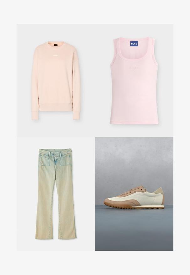 Sweat-shirt à manches longues rose clair avec col rond, poignets et ourlet en côte, arborant un petit logo BOSS blanc centré sur la poitrine.; Débardeur rose clair sans manches avec encolure arrondie, logo « hugo » délicatement embossé au centre et étiquette de marque bleue « HUGO » à l’intérieur du col.; Jean flare en denim bleu clair avec une finition délavée, présentant des passants de ceinture, deux poches avant et deux poches arrière avec des accents de couture.; Baskets crème et beige avec une tige texturée, des lacets et une semelle en caoutchouc, présentées au-dessus d'une surface en bois avec des cailloux.