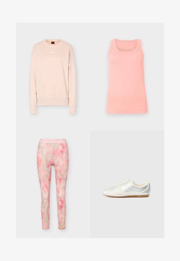 Sweat-shirt à manches longues rose clair avec col rond, poignets et ourlet en côte, arborant un petit logo BOSS blanc centré sur la poitrine.; Débardeur rose côtelé sans manches avec larges bretelles et encolure carrée, présenté sur un fond clair uni.; Pantalon slim avec motif aquarelle rose et beige, détails de couture à l'avant et taille élastique.; Baskets synthétiques argentées avec accents crème, profil bas, bout arrondi et semelle en caoutchouc plate ; dotées de coutures classiques et d'une fermeture à lacets.
