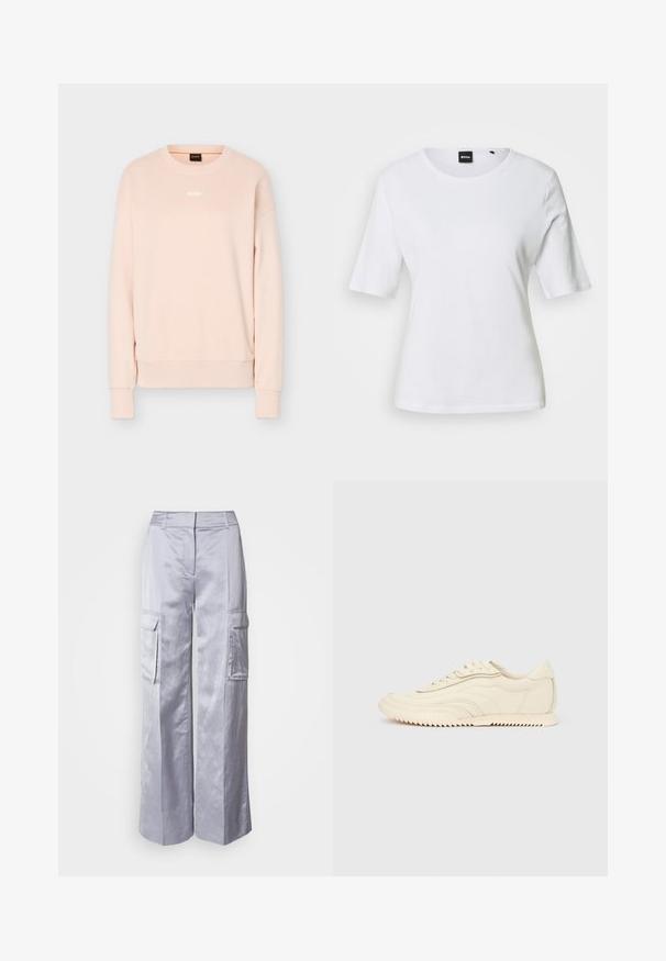 Lys pink langærmet crewneck-sweatshirt med ribstrikkede manchetter og kant, med lille hvid BOSS-logo centreret på brystet.; Hvid T-shirt med korte ærmer og rund hals, med en tætsiddende pasform og et lille sort BOSS-mærke ved halskanten.; Lysegrå bred-leg cargo bukser lavet af glat stof, med sidelommer, skræddersyet talje og uden synlige hængsler eller lynlåse.; Lavprofileret sneaker i cremefarve med bølget syning, snørebånd og en rilleret sål, vist fra siden på en ensfarvet baggrund.