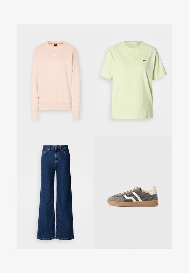 Lichtroze sweater met lange mouwen en ronde hals, met geribbelde manchetten en zoom, voorzien van een klein wit BOSS-logo in het midden van de borst.; Lichtgeel katoenen T-shirt met een ronde hals, korte mouwen en een klein groen Lacoste-logo op de borst. Eenvoudig ontwerp en zachte textuur.; Wijd uitlopende jeans met een donkere wassing, gemaakt van denim, met een hoge taille, klassiek ontwerp met vijf zakken en subtiele stiksel details langs de naden.; Grijze suède sneaker met een gestructureerd bovenwerk, voorzien van crèmekleurige strepen en veters, en een gumrubberen zool voor grip. Tijdloos atletisch ontwerp.