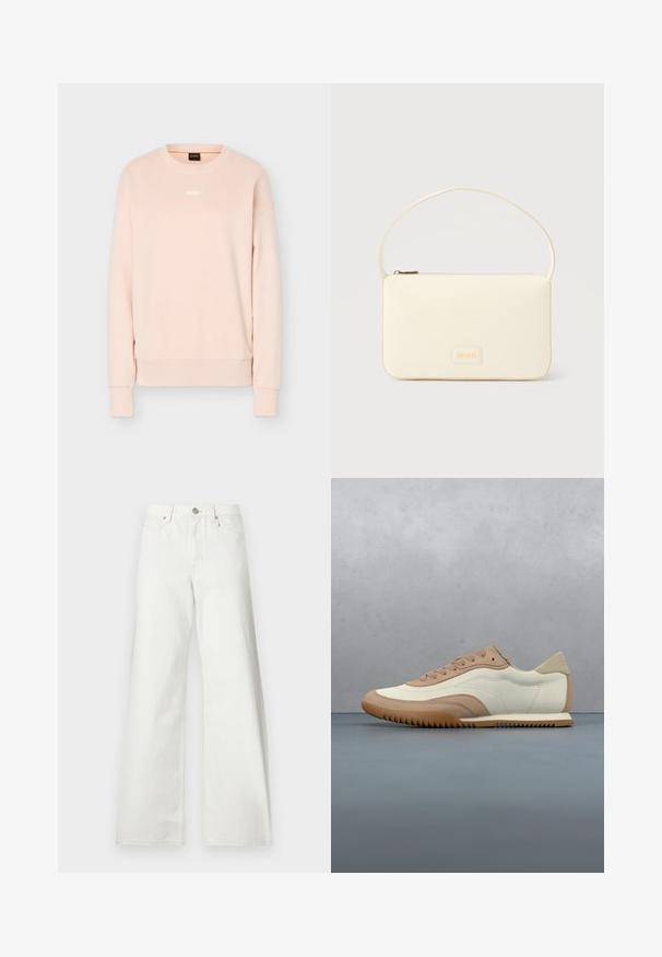 Sweat-shirt à manches longues rose clair avec col rond, poignets et ourlet en côte, arborant un petit logo BOSS blanc centré sur la poitrine.; Jean blanc taille haute à jambes larges, fermeture à boutons devant, passants de ceinture et poches avant sur fond uni.; Baskets crème et beige avec une tige texturée, des lacets et une semelle en caoutchouc, présentées au-dessus d'une surface en bois avec des cailloux.; Sac à main rectangulaire de couleur crème avec une seule sangle et une fermeture éclair sur le dessus, comportant une petite plaque de logo embossé à l'avant.