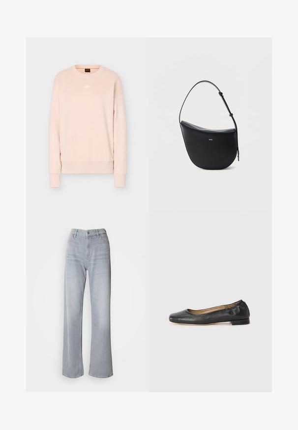 Hellrosa langärmeliges Sweatshirt mit rundem Halsausschnitt, gerippten Bündchen und Saum, mit kleinem weißem BOSS-Logo mittig auf der Brust.; Helle graue High-Waist-Jeans mit weit geschnittenem Bein, aus Denim. Verfügt über Fronttaschen, einen Reißverschluss und dezente Ausbleichungen an verschiedenen Stellen.; Schwarz Leder Ballerinas mit runder Zehenpartie und minimaler Naht. Niedriger, rechteckiger Absatz und glatte Textur. Dezente Innenfutterdetails.; Schwarze halbmondförmige Lederschultertasche mit verstellbarem Schulterriemen und goldenem "BOSS"-Logo mittig vorne.