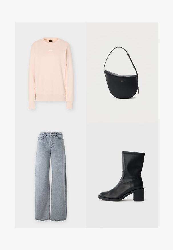 Sweat-shirt à manches longues rose clair avec col rond, poignets et ourlet en côte, arborant un petit logo BOSS blanc centré sur la poitrine.; Jeans en denim clair à jambes larges avec une taille haute, dotés de poches à l'avant, de passants de ceinture et de détails de couture contrastants.; Botte en cuir noir à cheville avec un bout rond, texture lisse et un talon épais, présentant un tige ajustée et un subtil détail de couture.; Sac à bandoulière en cuir noir en forme de demi-lune avec une bandoulière réglable et le logo doré « BOSS » centré sur le devant.