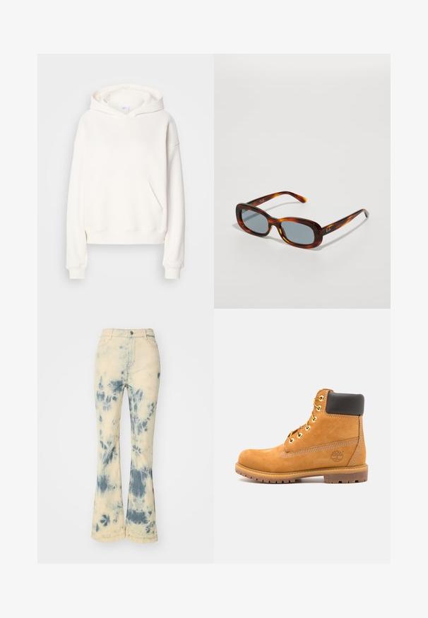 Sweat-shirt à capuche blanche en tissu doux, doté d'une poche avant et de poignets côtelés, avec une coupe décontractée et un design minimaliste.; Jeans évasés de couleur crème clair, ornés d'un motif tie-dye bleu. Fabriqués en denim avec une surface légèrement texturée et un design standard à cinq poches.; Bottine en cuir marron avec rembourrage noir, œillets dorés et semelle texturée. Présente un logo circulaire sur le côté et des accents de couture.; Lunettes de soleil en écaille de tortue marron avec une forme rectangulaire, des verres teintés gris et une finition brillante. Présentent le logo Ray-Ban sur la branche.