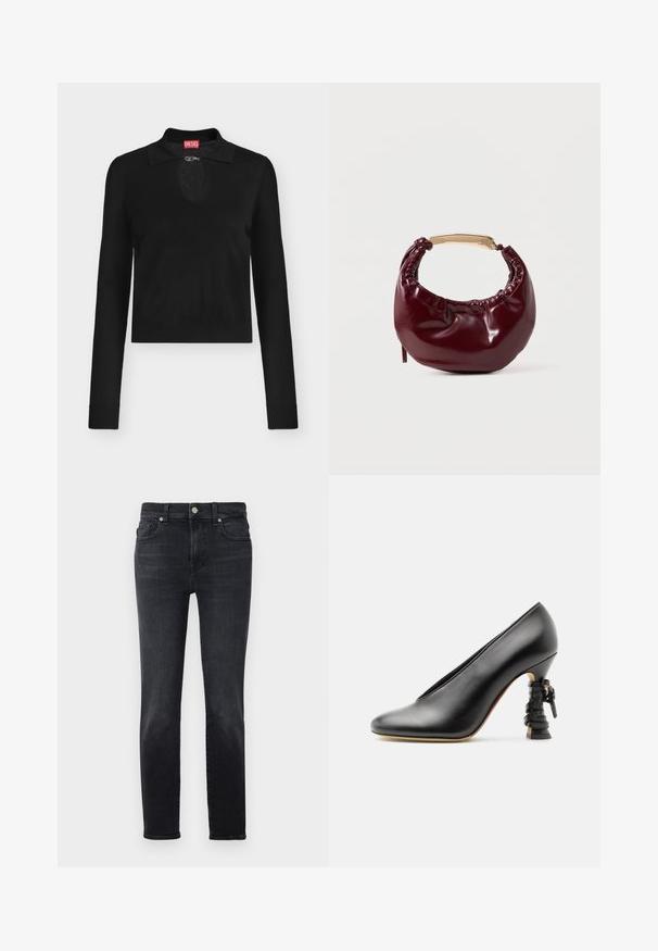 Sort langærmet cropped top med en lille krave og et frontnøglehul, der er sikret med en sølvspænde, Diesel mærke inde i kraven.; Sorte denimjeans med lige ben, der har knaplukning, fem lomme-design og subtile sømdetaljer.; Sort læderpumpe med høj hæl med skulptureret hæl pakket ind i matchende læderremme og gulddetaljer.; Bordeaux farvet faux læder handbag med en afrundet form, samling detaljer og et guldtonet metalhåndtag. Glat tekstur og blank finish.