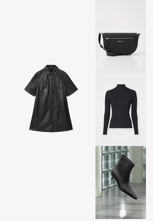 Zwarte geribde coltrui met lange mouwen. Gemaakt van rekbare stof met een getailleerde pasvorm en hoge kraag. Eenvoudig ontwerp zonder versieringen.; Zwarte leren shirtjurk met korte mouwen, kraag, twee borstzakken en een sluiting met knopen aan de voorkant. Soepele textuur met geknipte naden.; Zwarte leren enkellaars met puntige neus en lage hak, afgebeeld tegen een glazen blokkenmuur en gepolijste vloer op de achtergrond.; Zwarte leren schoudertas met een ronde vorm, zilveren ritszak en een merkembleem. Beschikt over een verstelbare schouderband voor veelzijdigheid.