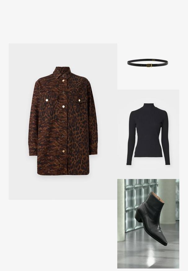 Haut noir à col roulé côtelé avec des manches longues. Fabriqué en tissu extensible avec une coupe ajustée et un col montant. Design simple sans embellissements.; Chemise à manches longues boutonnée avec motifs mixtes camouflage marron et léopard, avec poches avant à rabat et boutons dorés.; Bottine en cuir noir avec un bout pointu et un talon carré lévitant au-dessus d'un sol gris réfléchissant près d'un mur en blocs de verre.; Ceinture en cuir noir avec boucle rectangulaire dorée comportant des lettres entrelacées, posée à plat sur un fond blanc.