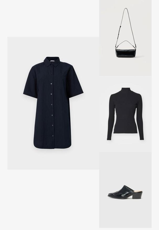 Haut noir à col roulé côtelé avec des manches longues. Fabriqué en tissu extensible avec une coupe ajustée et un col montant. Design simple sans embellissements.; Chemise à manches courtes, à boutons, de couleur bleu marine foncé avec des rayures verticales, dotée d'une poche poitrine unique et d'un col structuré.; Mules en cuir verni noir avec un bout pointu, un design courbé et un petit talon bloc, ornés de piqûres décoratives sur le dessus.; Sac bandoulière rectangulaire en cuir noir avec bandoulière ajustable, fermeture éclair sur le dessus et petit logo Calvin Klein doré sur le devant.