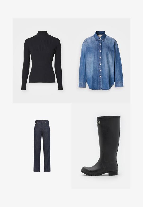 Schwarzes, geripptes Rollkragenoberteil mit langen Ärmeln. Aus dehnbarem Stoff mit figurbetonter Passform und hohem Kragen. Einfaches Design ohne Verzierungen.; Denim Knopfhemd, hellblaue Farbe, lange Ärmel, klassischer Kragen, Vorderknöpfe und leicht abgerundeter Saum. Glatte Textur.; Dunkelblaue Jeans mit geradem Bein, Vordertaschen, Gürtelschlaufen und Knopfverschluss in der Taille.; Schwarzer Gummiregenstiefel, hohes Design mit mattem Finish. Verfügt über eine dicke Sohle mit Rillen und einem Logo-Akzent an der Seite.