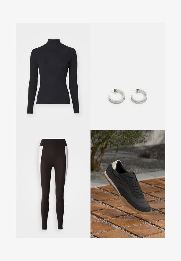 Sort ribbet turtle-sweater med lange ærmer. Lavet af strækbart stof med en tætsiddende pasform og høj krave. Enkel design uden udsmykninger.; Sorte leggings med bred talje, med hvide sideløsninger. Lavet af strækbart stof med en glat tekstur og en tætsiddende pasform.; Sort-hvid sneaker med tekstureret sål, der svæver over træklodser arrangeret med små hvide sten udendørs.; Sølvøreringe i hoop-stil med en glat overflade og en række små klare sten langs den nederste kant, med en post-back lukning.
