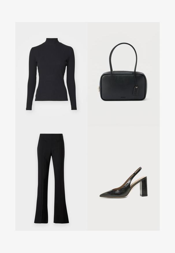 Haut noir à col roulé côtelé avec des manches longues. Fabriqué en tissu extensible avec une coupe ajustée et un col montant. Design simple sans embellissements.; Pantalons évasés noirs en tissu lisse avec une taille haute, dotés de deux poches arrière et d'un pli sur le devant de chaque jambe.; Chaussure slingback en cuir noir à bout pointu avec un talon bloc haut et une doublure intérieure beige sur un fond clair uni.; Sac à main rectangulaire noir avec doubles poignées arrondies, fermeture éclair dorée et logo "HUGO" embossé sur le devant avec une étiquette en cuir attachée.