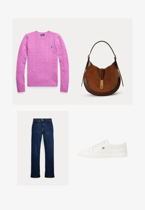 Jersey rosa de punto con diseño de ochos, manga larga, cuello redondo y pequeño logo bordado de Polo Ralph Lauren en el pecho izquierdo.; Vaqueros de mezclilla azul oscuro de pernera recta con botón y cremallera delanteros, diseño de cinco bolsillos y detalles de costuras visibles.; Lauren Ralph Lauren JANSON II CANVAS SNEAKER - Zapatillas - optic white; Bolso en forma de media luna de ante y cuero marrón con una correa única y cierre dorado con un pequeño logotipo de caballo y jinete.