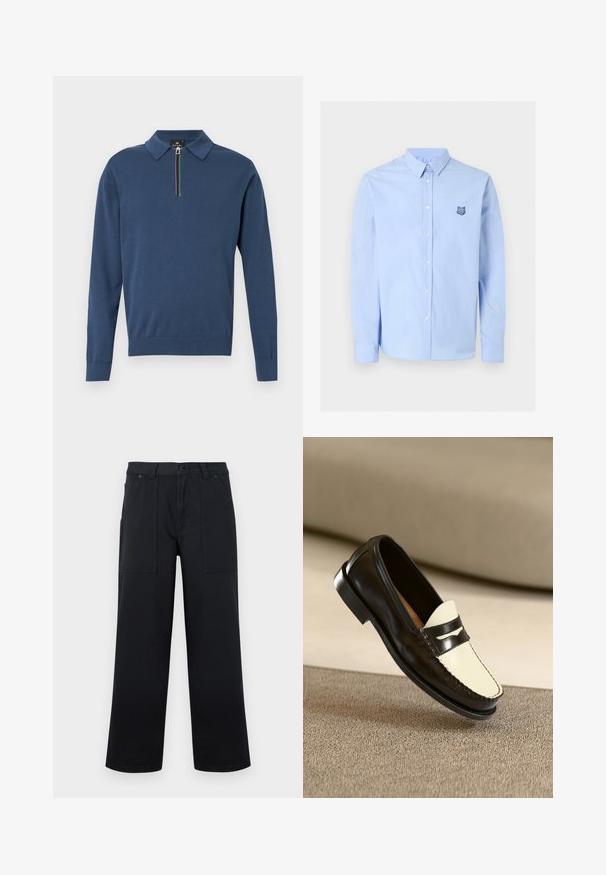 Navyblauw gebreid poloshirt met lange mouwen en een ritssluiting bij de kraag met rode, witte, blauwe en groene strepen.; Lichtblauw overhemd met lange mouwen en knopen, kraag en klein geborduurd logo van een wolfskop op de linkerborst.; Zwarte broek met wijde pijpen, voorzakken, riemlussen en knoopsluiting, getoond tegen een effen achtergrond.; Zwarte leren instapper met een crèmekleurige bovenkant en zwarte accentstrepen, kenmerkend door een lage hak en gedetailleerde stiksels langs de randen.