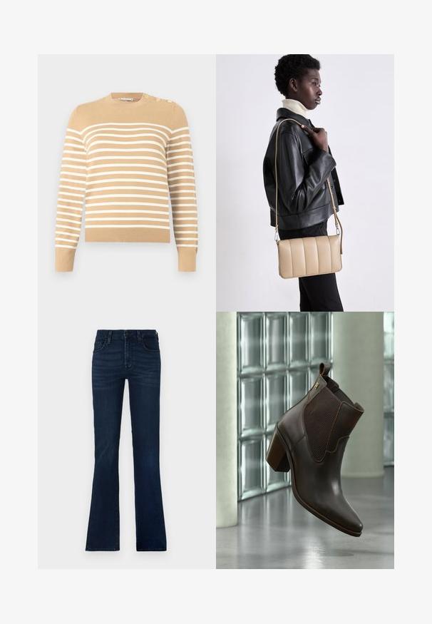 Beige gestreifter Pullover mit weißen horizontalen Streifen, Rundhalsausschnitt, geripptem Saum und Bündchen sowie drei goldenen Knöpfen an der Schulter.; Dunkelblaue Schlagjeans aus Denim. Verfügt über fünf Taschen, einen Knopfverschluss und dezente Ausbleichungen entlang der Oberschenkel.; Dunkelbrauner Lederknöchelstiefel mit Blockabsatz und elastischen Seitenteilen, dargestellt vor einer modernen Glasbausteinwand und einem Betonboden.; Beige Leder-Crossbody-Tasche mit gestepptem Muster, rechteckiger Form, dünnem Trageriemen und silberner Hardware, getragen von einer Person in einer schwarzen Jacke.