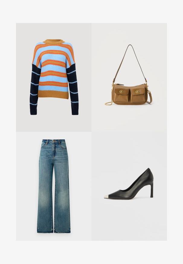 Strikket sweater med ribbet struktur, der har vandrette striber i lyseblå, orange og marineblå. Rund halsudskæring og lange ærmer.; Lysblå denim vidbenede jeans har en høj talje, fem lommer og let rippede kanter, der viser en tekstureret, falmet finish.; Sort læder højhælet sko med spids tå og metal-sølv hætte. Har en glat finish og en slank hæl på 10 cm.; Brun skuldertaske i læder med to frontlommer med klap, der har låse med gulddrejefunktion, og en guldkædedetalje på den ene side.