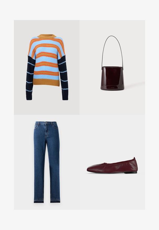 Strikket sweater med ribbet struktur, der har vandrette striber i lyseblå, orange og marineblå. Rund halsudskæring og lange ærmer.; Blå denim jeans med lige ben-design, fem lommer og en knap-lukning. Har kontrast søm og en let falmning.; Bourgogne læder balletflad sko med samlet elastisk topkant og tynd sort sål på hvid baggrund.; Mørkebrun blank spandtaske med lang tynd rem og minimal synlig syning på en lys baggrund.