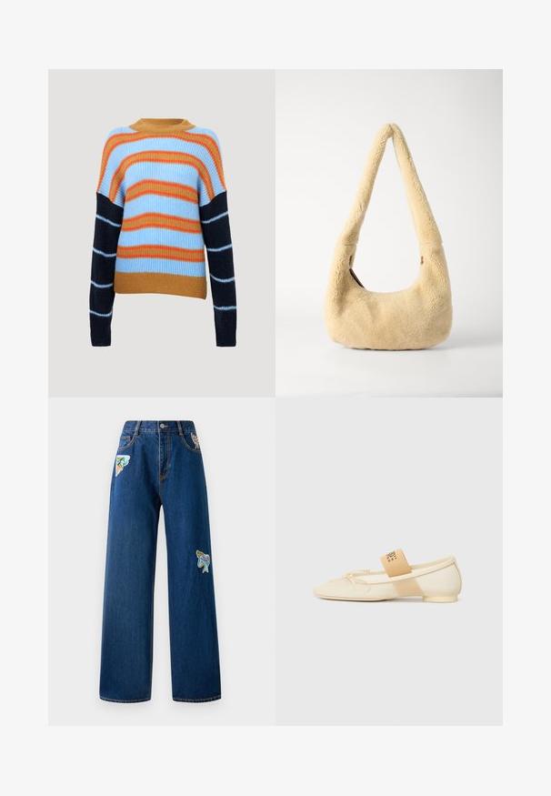 Strikket sweater med ribbet struktur, der har vandrette striber i lyseblå, orange og marineblå. Rund halsudskæring og lange ærmer.; Mørkeblå denim bukser med brede ben og to farverige broderede lapper foran. Har standardlommer og synlige syninger.; Kræmfarvet flad sko med spids tå, snøredetalje og en dekorativ rem med logo på siden. Glat tekstur, lav hæl.; Beige shearling skuldertaske med et buet håndtag og en afrundet form. Teksturen er blød og fyldig, med minimale hardware-details.