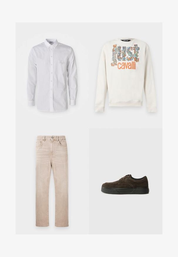 Sweat-shirt blanc à manches longues avec des lettres ornées florales formant le mot "JUST" en bleu et orange, au-dessus du texte gras "cavalli" en orange.; Chemise blanche à manches longues, à col boutonné, avec un logo brodé discret sur la poitrine gauche.; Jean en denim beige avec une coupe droite, cinq poches et une fermeture avant par bouton. Présente un léger dégradé et des détails de couture.; Baskets en suede marron avec une silhouette basse, un bout rond, un design à lacets, une semelle en caoutchouc noir texturé et un branding minimal.