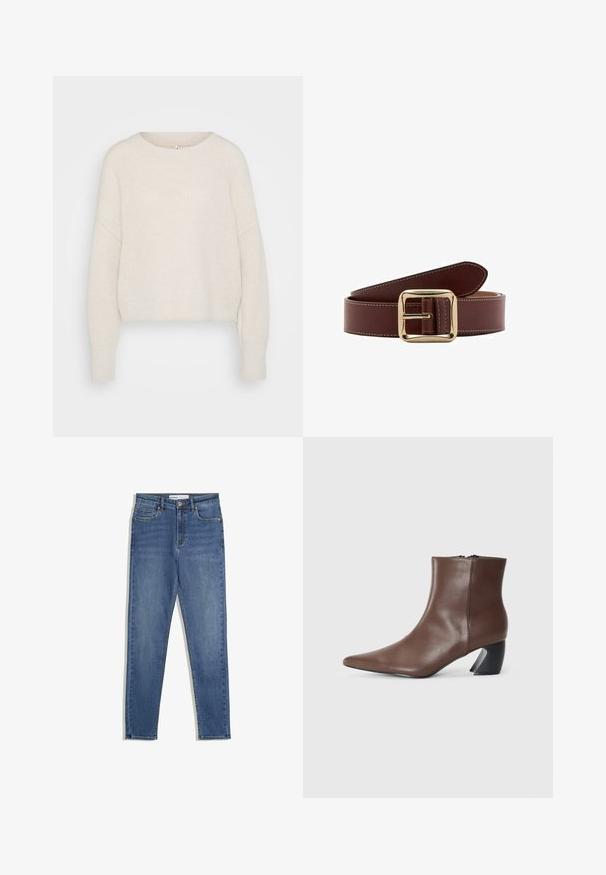 Crème, geknipt breisweater met een ronde halslijn, verlengde schoudernaden en geribbelde manchetten. Zachte textuur met een losse pasvorm en een minimalistisch ontwerp.; Blauwe denim jeans met een hoge taille, slim fit, zijzakken, een ritssluiting en contrasterende stiksels. Gestructureerd ontwerp met een gladde textuur.; RAID DEBRA - Enkelkaarsjes - brown; Bruine leren riem met een goudkleurige rechthoekige gesp, voorzien van witte stiksels langs de randen en een gladde textuur.