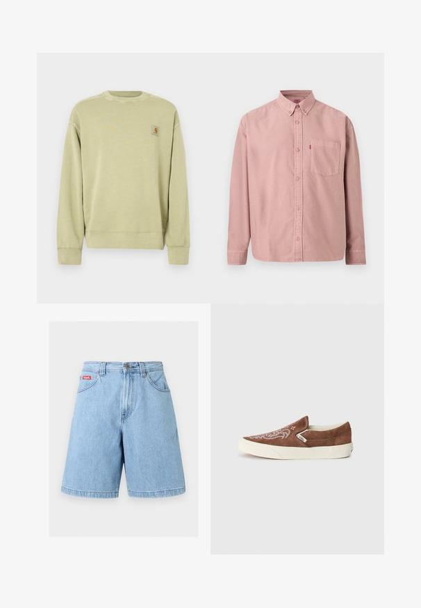 Sweatshirt vert clair avec un col rond classique, des poignets côtelés et un petit patch logo rectangulaire sur le côté gauche de la poitrine. Tissu doux et texturé.; Chemise rose à manches longues avec boutons, poche avant et col boutonné, présentée sur un fond uni.; Short en denim bleu clair avec fermeture avant par bouton et zip, passants de ceinture et poches avant, présenté sur un fond uni.; Vans CLASSIC SLIP ON UNISEX - Baskets basses - potting soil/marshmallow
