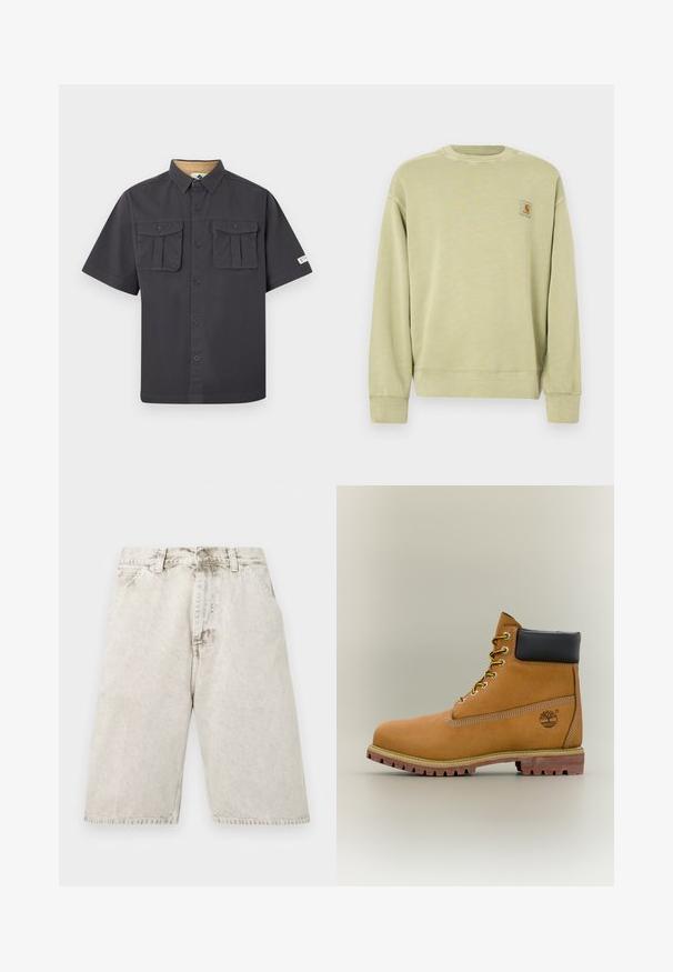 Sweatshirt vert clair avec un col rond classique, des poignets côtelés et un petit patch logo rectangulaire sur le côté gauche de la poitrine. Tissu doux et texturé.; Chemise à manches courtes gris foncé avec deux poches poitrine boutonnées et une étiquette sur la manche gauche.; Shorts en denim gris clair délavé avec poches avant, passants pour ceinture et fermeture par bouton, présentés à plat sur un fond blanc.; Bottine en cuir marron avec col noir, lacets jaunes et semelle beige. Présente un logo et des détails de couture blanche. Semelle extérieure à traction robuste.