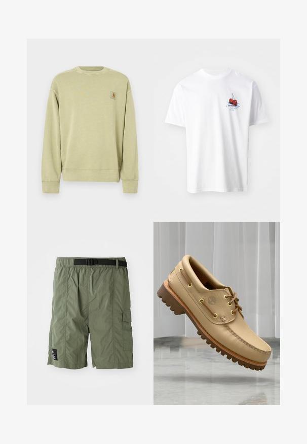 Sudadera verde claro con cuello redondo clásico, puños acanalados y un pequeño parche de logo rectangular en el pecho izquierdo. Tejido suave y texturizado.; Camiseta de algodón blanca con un gráfico de cereza roja, hojas verdes y texto azul en el lado izquierdo del pecho. Mangas cortas y cuello redondo.; Pantalones cortos cargo de color verde oliva con cintura elástica y hebilla negra. Incluyen un bolsillo lateral y un tejido texturizado.; Zapato náutico de cuero marrón claro con suela gruesa y estriada y detalles de cordones, flotando sobre un suelo de mármol y un fondo de persianas verticales blancas.