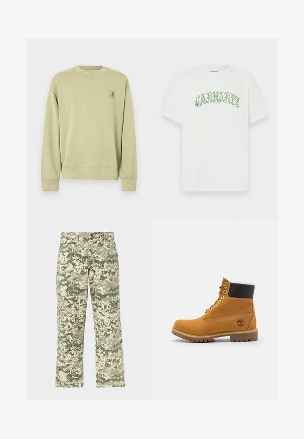 Sweatshirt vert clair avec un col rond classique, des poignets côtelés et un petit patch logo rectangulaire sur le côté gauche de la poitrine. Tissu doux et texturé.; T-shirt en coton blanc à manches courtes et col rond, avec un motif de texte vert et des accents floraux.; Pantalons droits pour hommes avec motif camouflage pixellisé vert et beige, poches avant, présentés sur un fond clair.; Bottine en cuir brun avec œillets en métal, doublure en fourrure blanche, col rembourré noir, semelle robuste et logo en relief sur le côté.